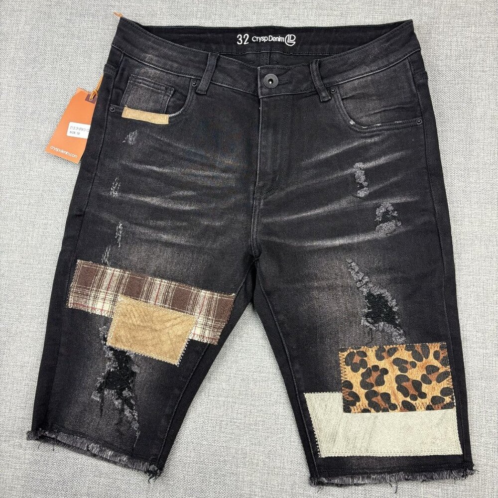 Crisp Denim Men's Patchwork Distressed Black Denim Shorts Size 32